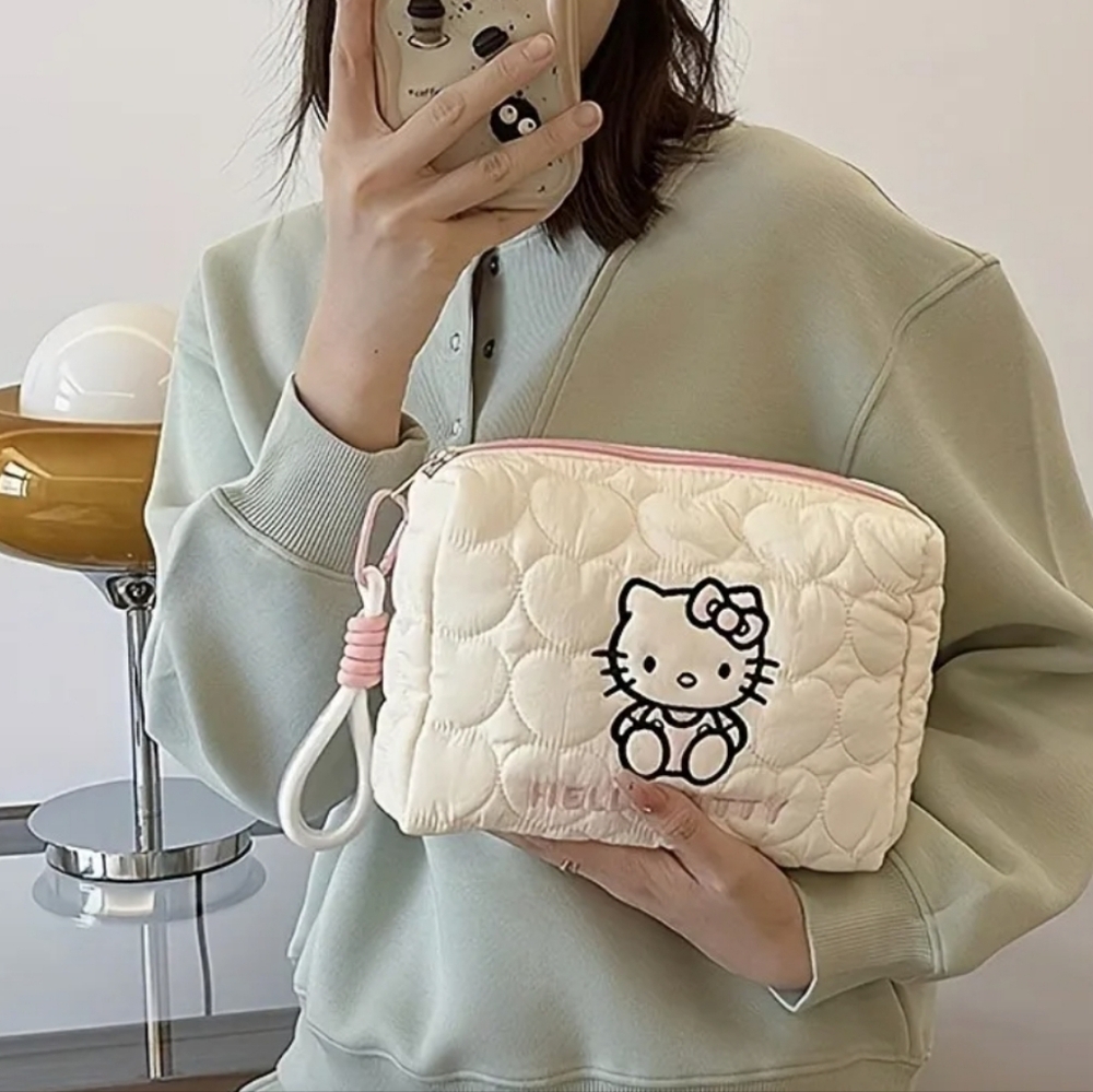 Hello Kitty Wristlet Cosmetic Bag Embroidered Sanrio Makeup Quilted Heart Kawaii